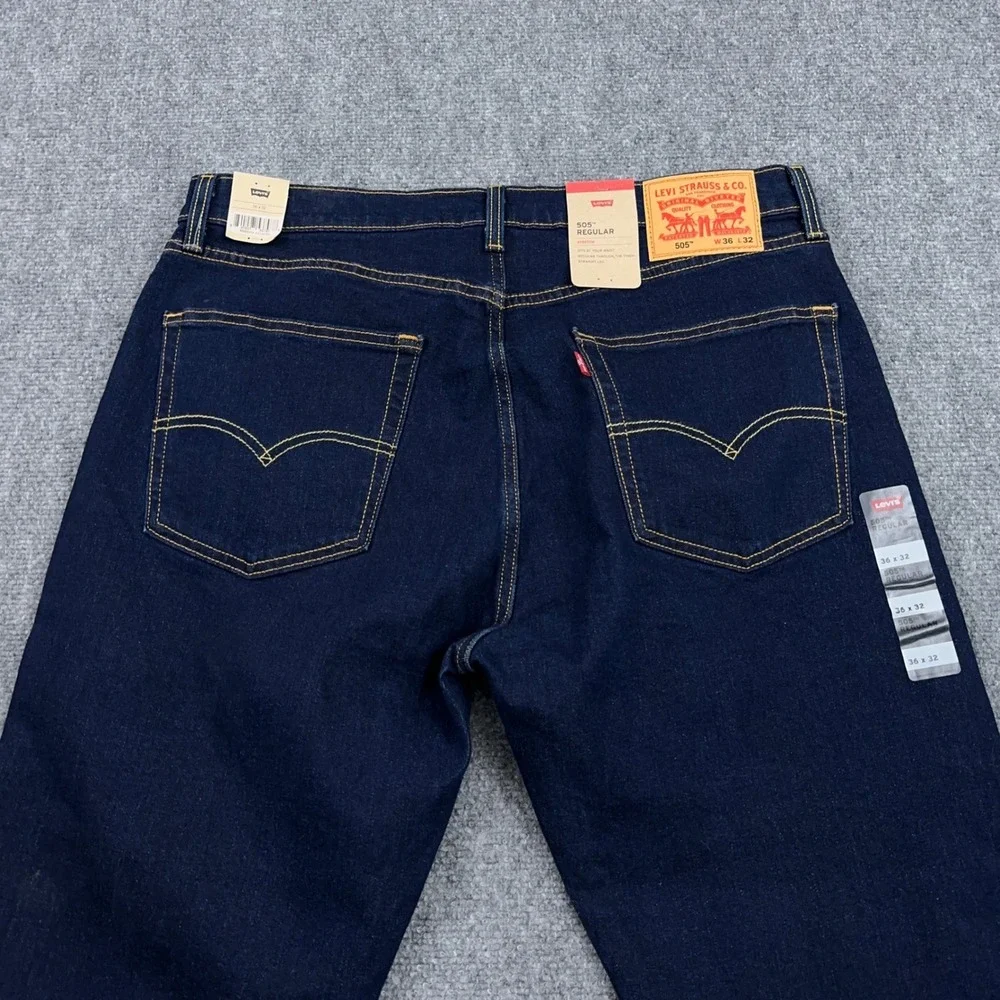 NEW Levi's 505 Jeans Mens 36x32 Regular Fit Dark Wash Indigo Stretch Denim